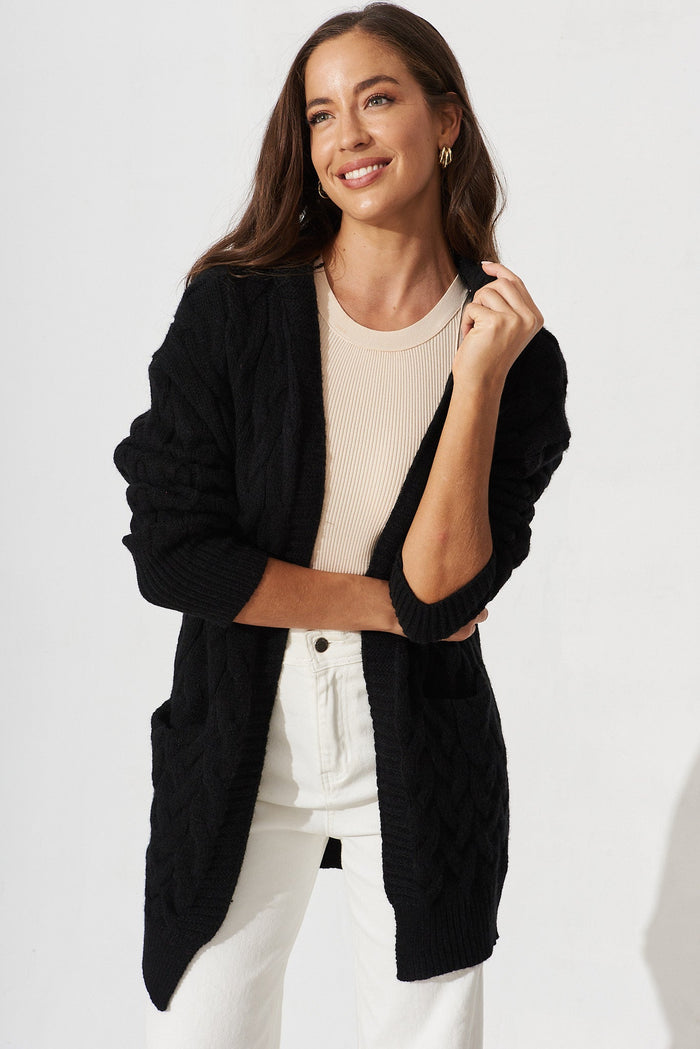 Yesenia Hood Knit Cardigan In Black Wool Blend - front