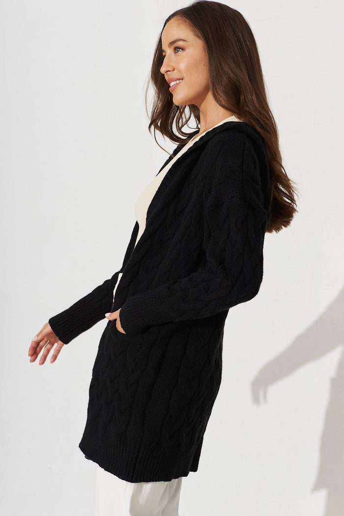 Yesenia Hood Knit Cardigan In Black Wool Blend - side