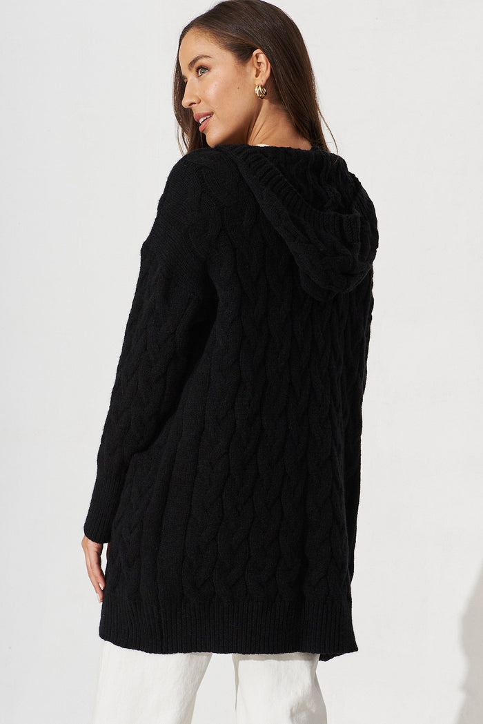 Yesenia Hood Knit Cardigan In Black Wool Blend - back