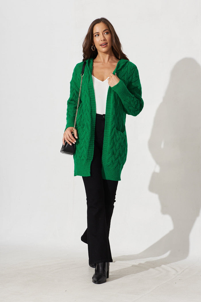 Yesenia Hood Knit Cardigan In Green Wool Blend - full length