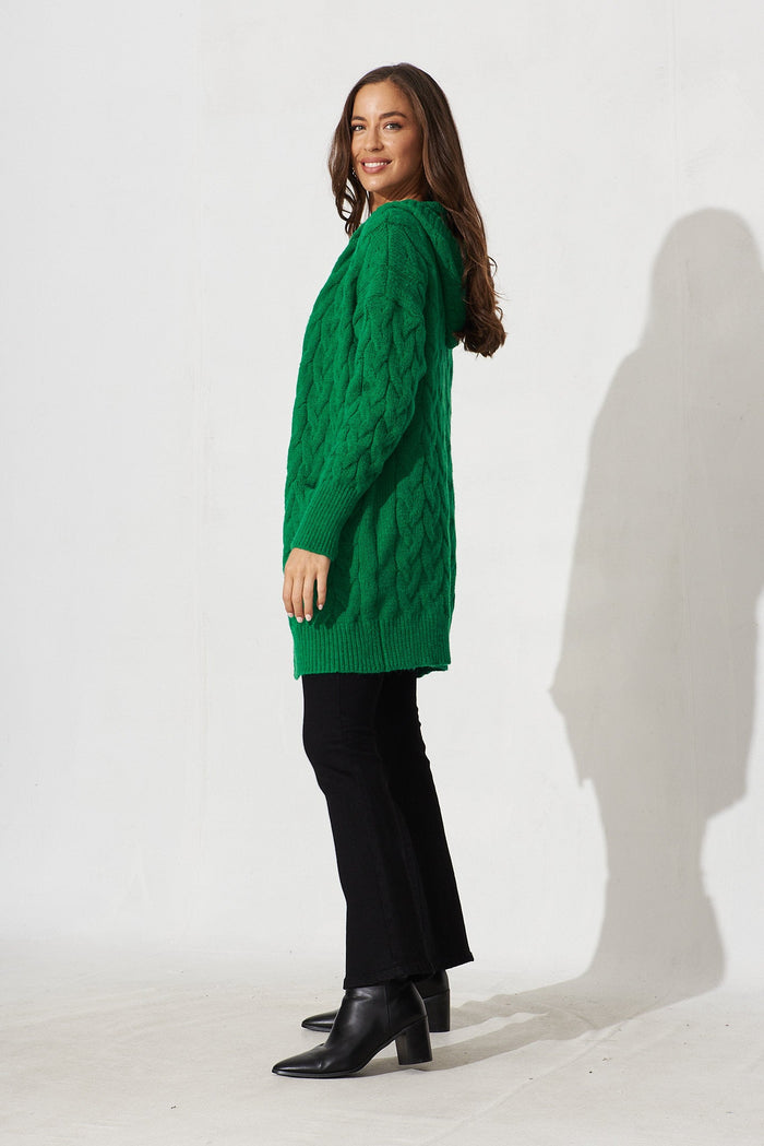 Yesenia Hood Knit Cardigan In Green Wool Blend - side
