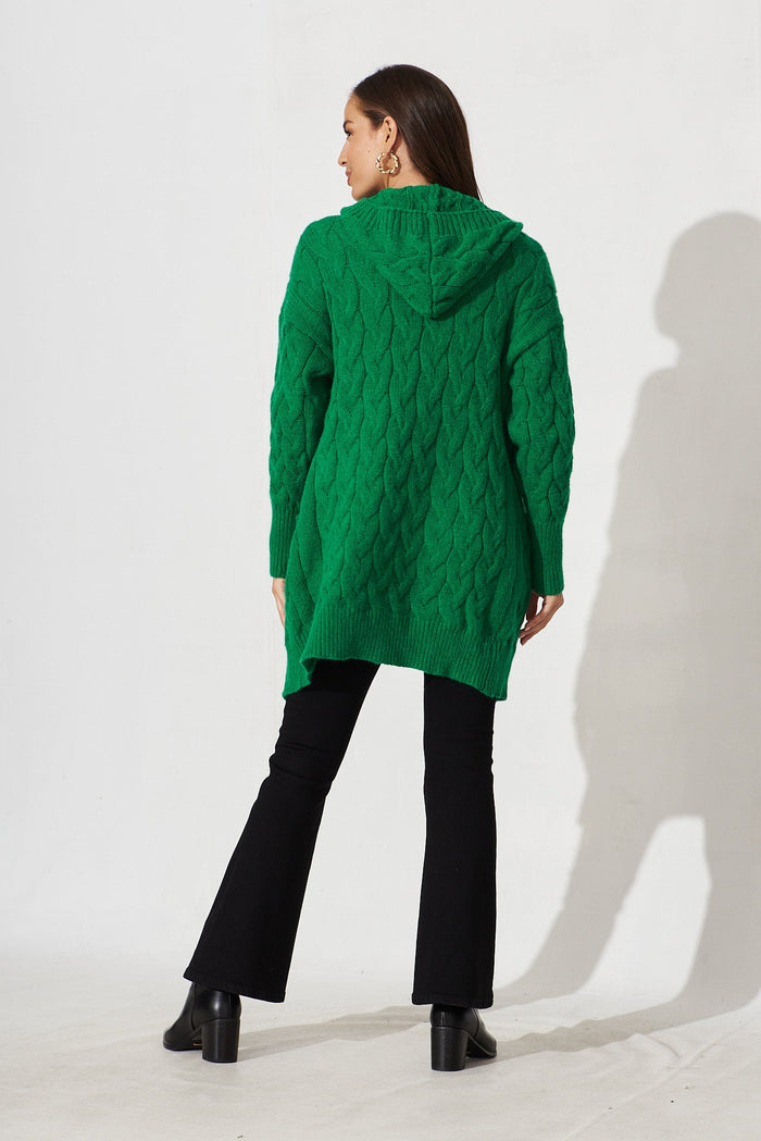 Yesenia Hood Knit Cardigan In Green Wool Blend - back