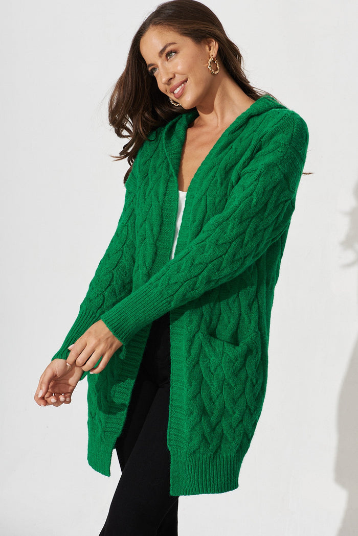 Yesenia Hood Knit Cardigan In Green Wool Blend - front