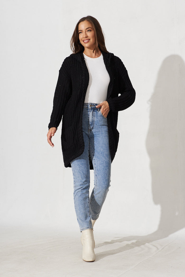 Trade In Knit Cardigan In Black Wool Blend - full length