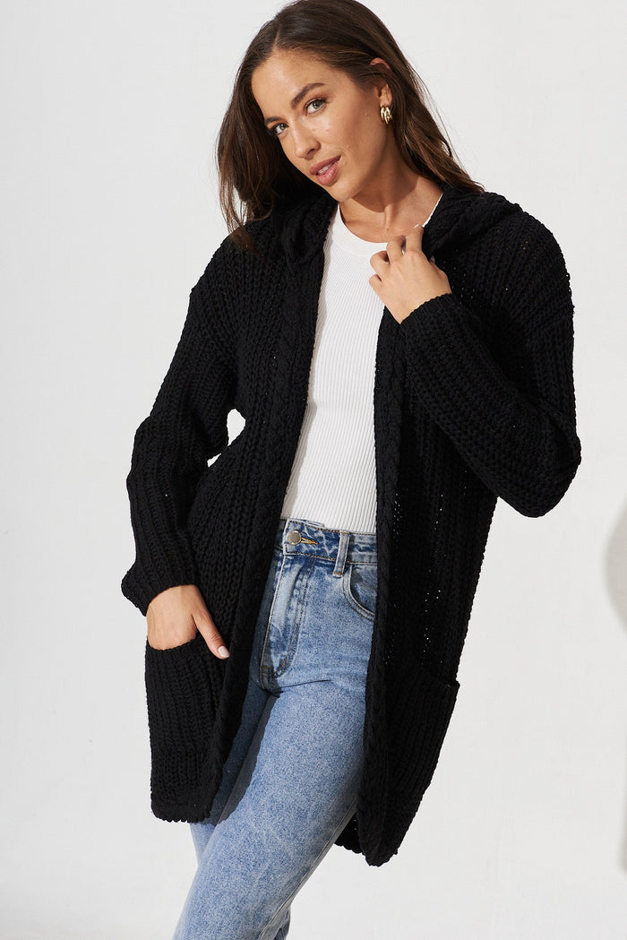Trade In Knit Cardigan In Black Wool Blend - front