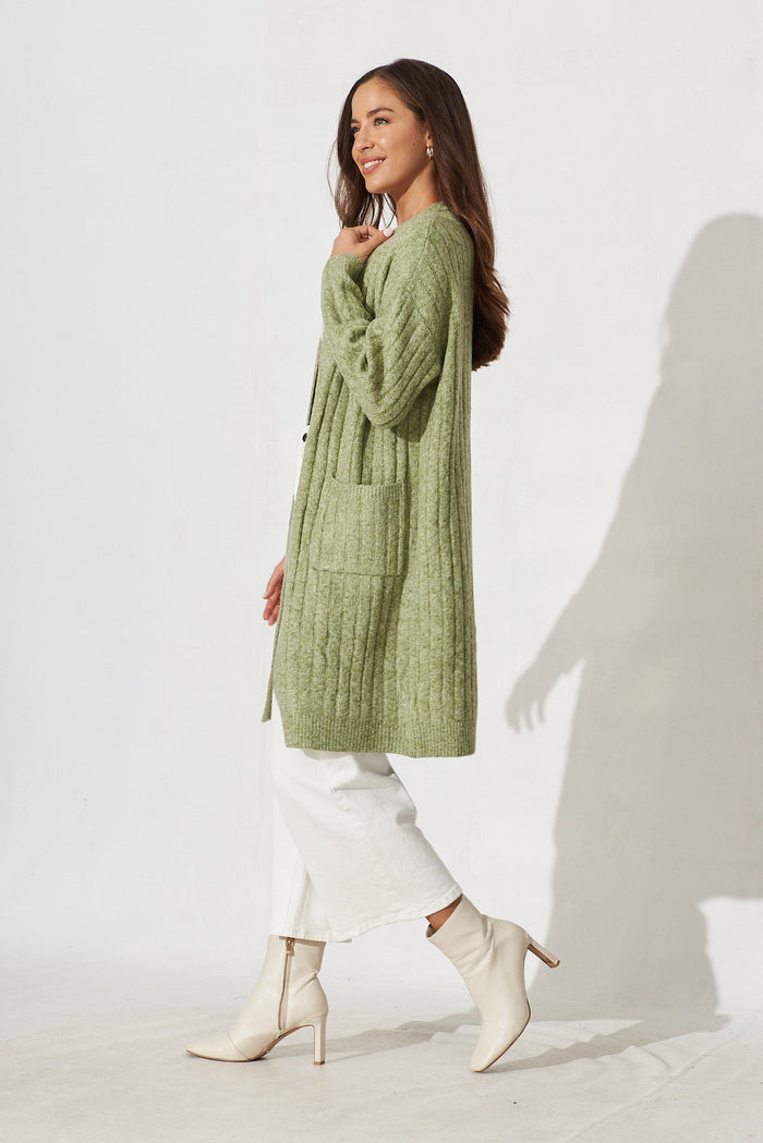 Kingsdene Knit Cardigan In Sage Wool Blend - side