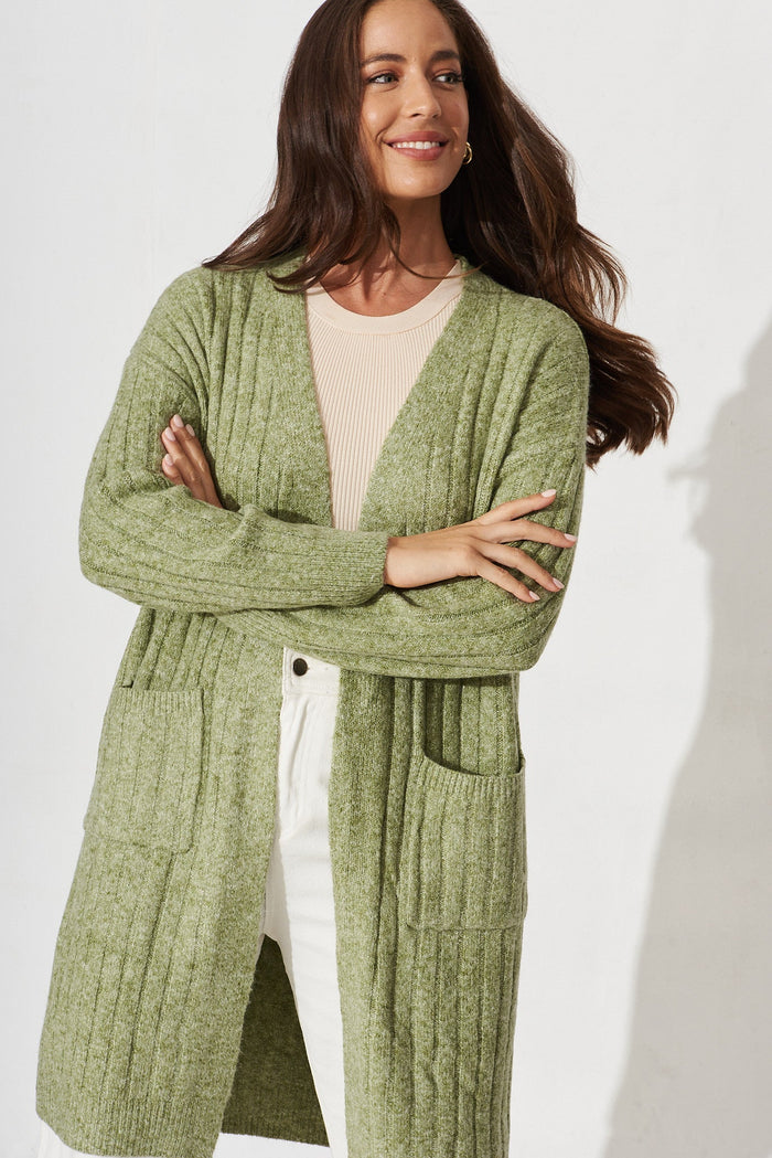 Kingsdene Knit Cardigan In Sage Wool Blend - front