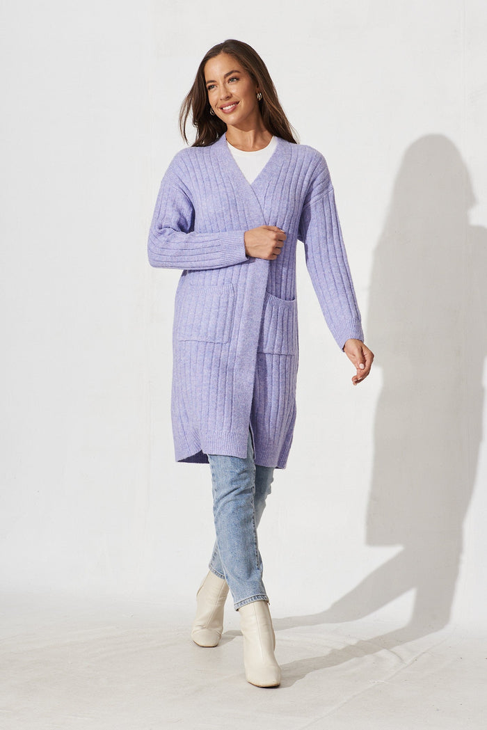 Kingsdene Knit Cardigan In Purple Wool Blend - full length