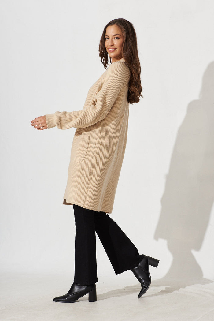 Sullana Knit Cardigan In Beige Wool Blend - side