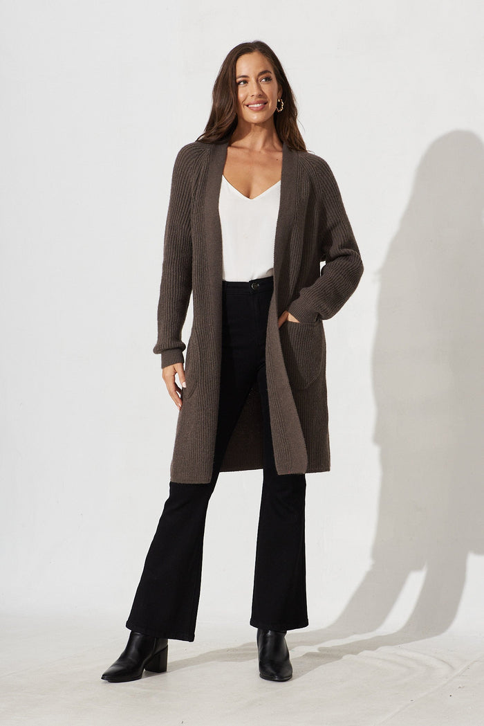 Sullana Knit Cardigan In Brown Wool Blend - full length