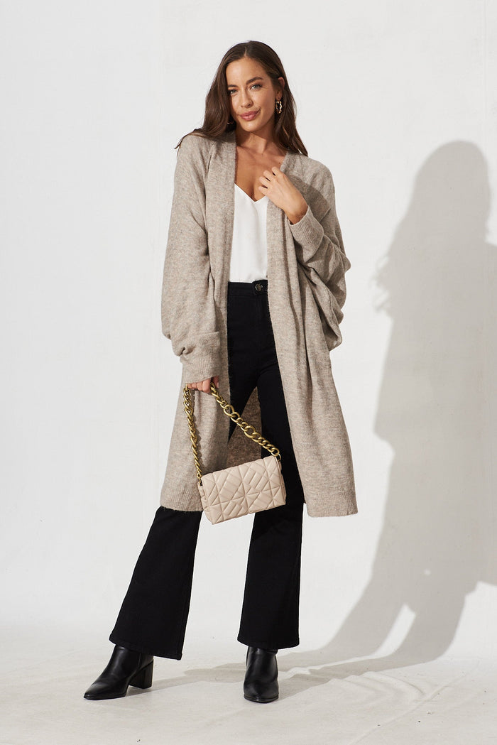 Maurine Batwing Knit Cardigan In Taupe Marle Wool Beld - full length