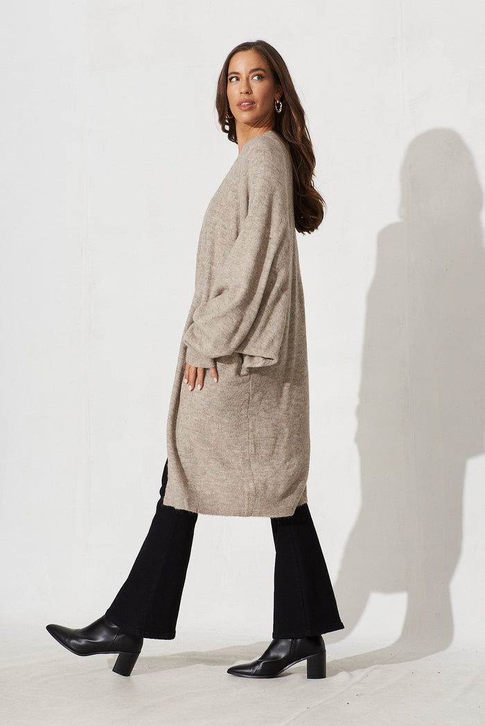 Maurine Batwing Knit Cardigan In Taupe Marle Wool Beld - side