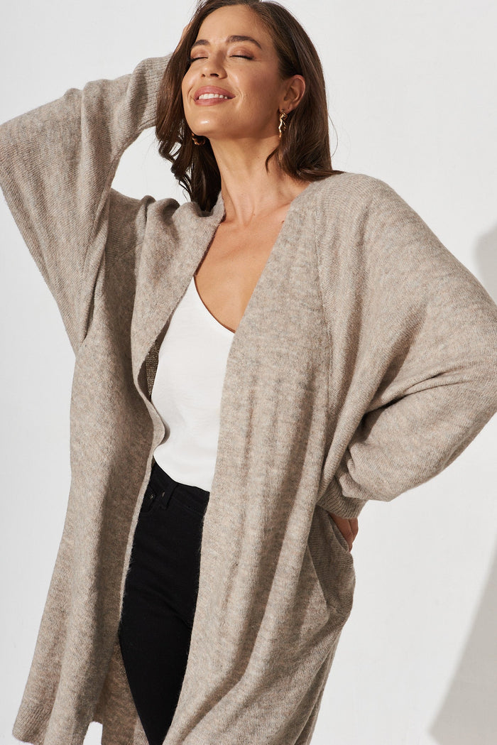 Maurine Batwing Knit Cardigan In Taupe Marle Wool Beld - front