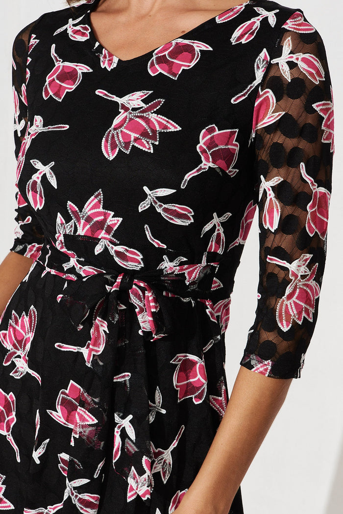 Santander Lace Dress In Black With Pink Floral - detail