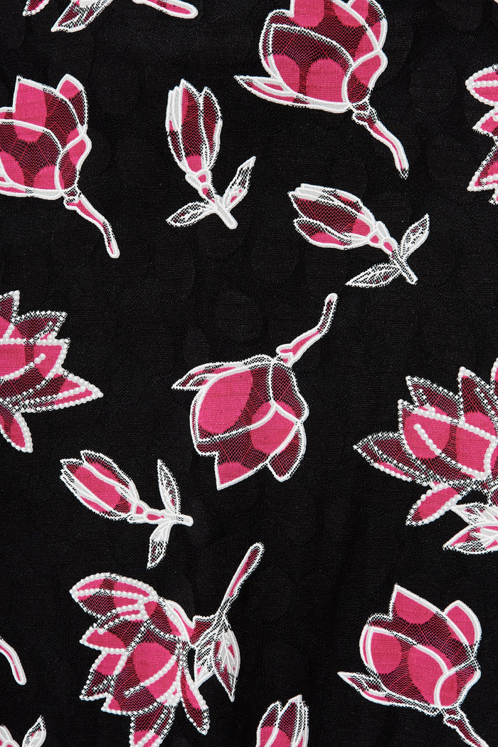 Santander Lace Dress In Black With Pink Floral - fabric