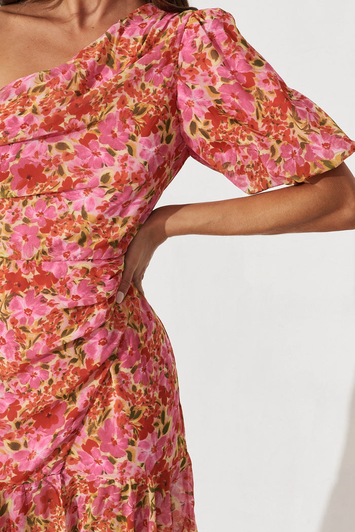 Milan Midi Dress In Pink With Red Floral - detail