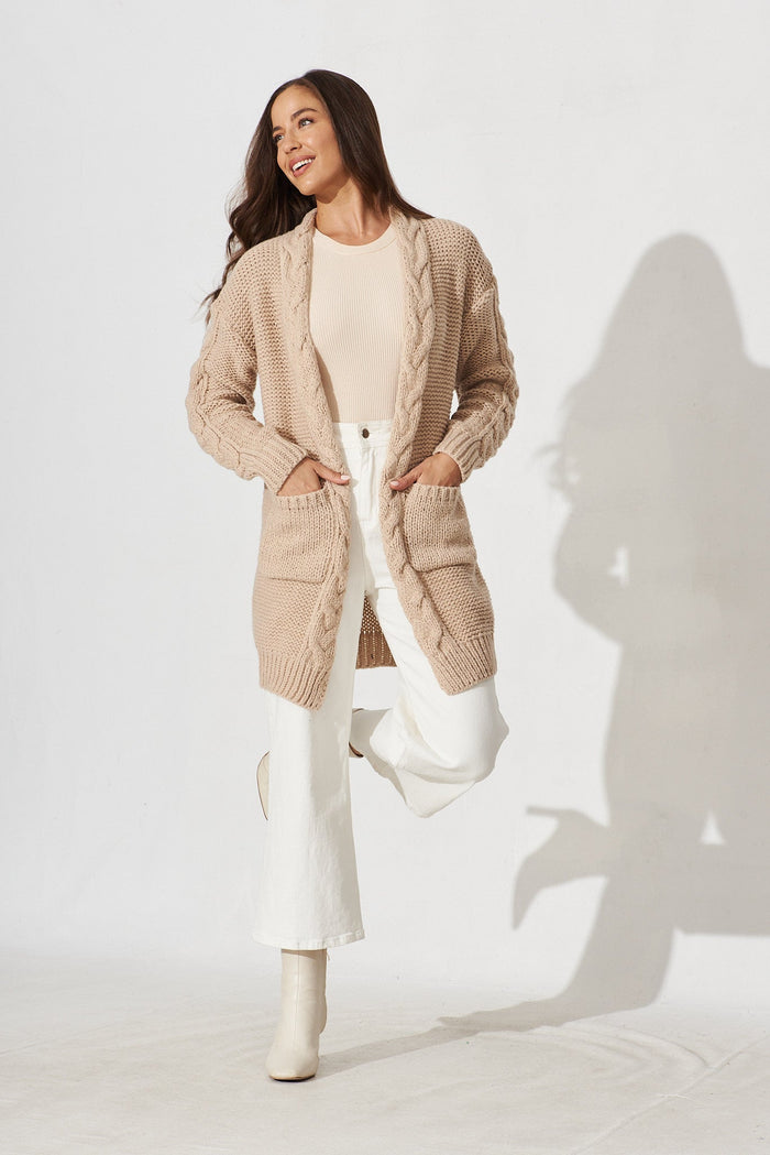 Durham Cable Knit Cardigan In Beige Wool Blend - full length