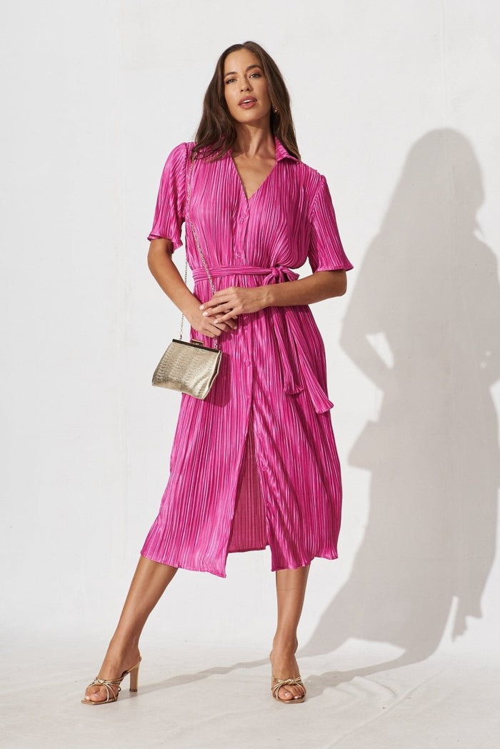 Caledonia Shirt Midi Dress In Pink Plisse - St Frock (Dev)