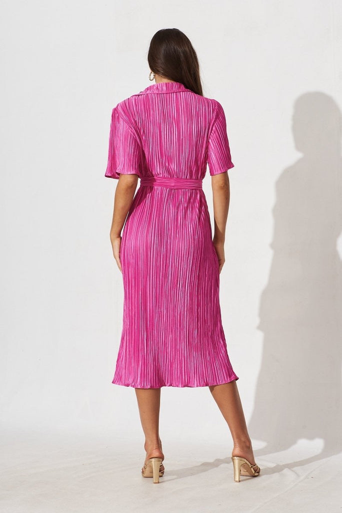 Caledonia Shirt Midi Dress In Pink Plisse - St Frock (Dev)