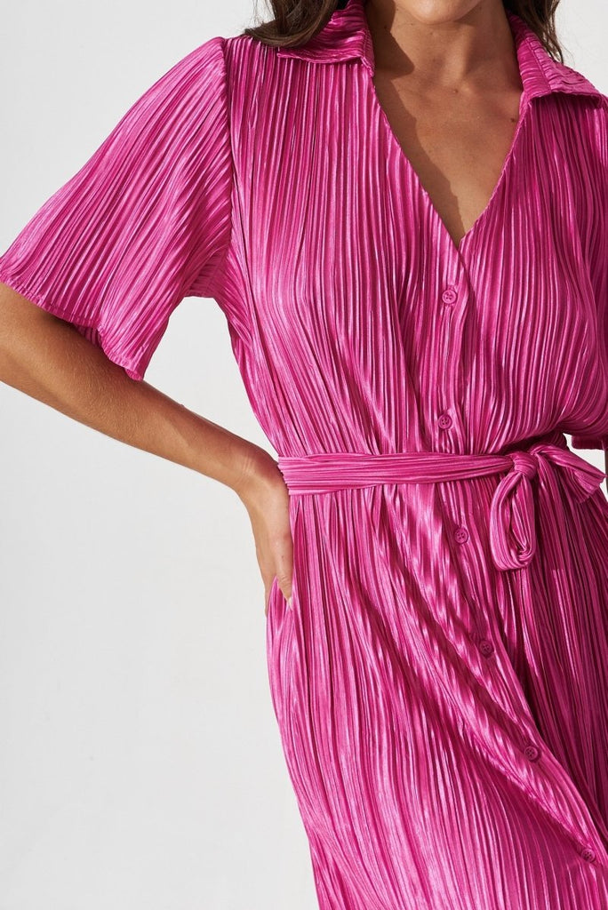 Caledonia Shirt Midi Dress In Pink Plisse - St Frock (Dev)