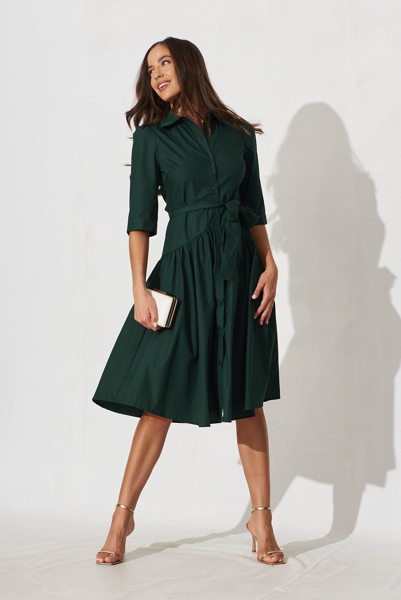 Marie Midi Shirt Dress In Emerald Cotton - full length