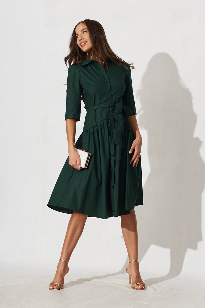 Marie Midi Shirt Dress In Emerald Cotton - full length