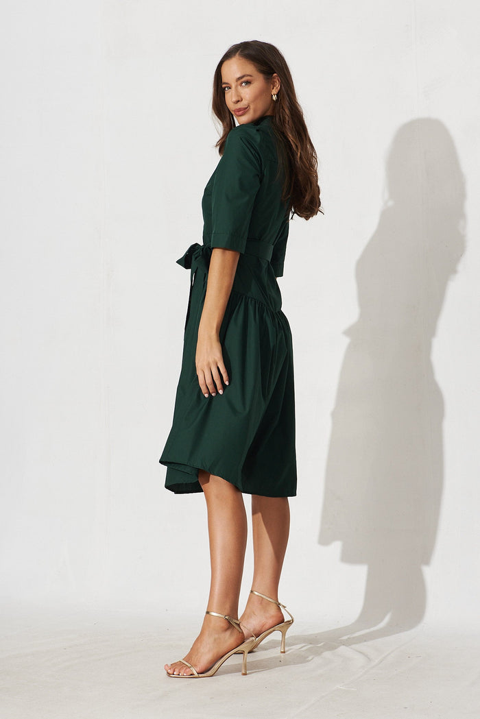 Marie Midi Shirt Dress In Emerald Cotton - side