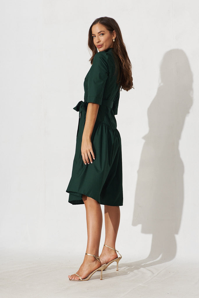 Marie Midi Shirt Dress In Emerald Cotton - side