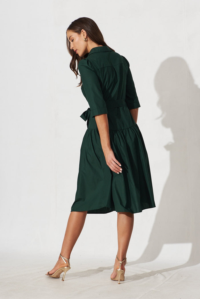 Marie Midi Shirt Dress In Emerald Cotton - back