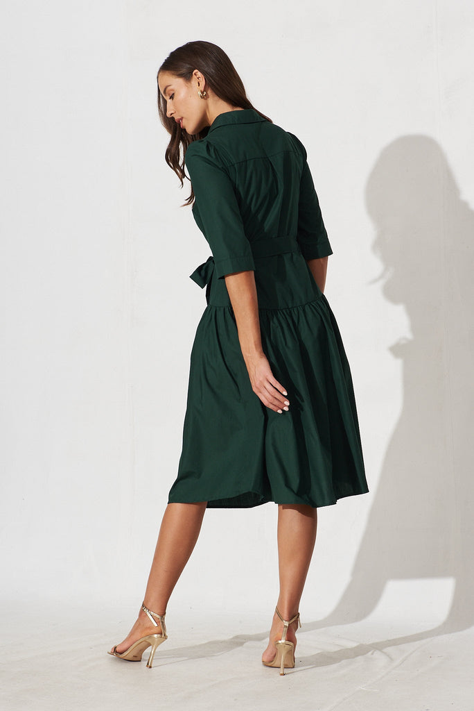 Marie Midi Shirt Dress In Emerald Cotton - back