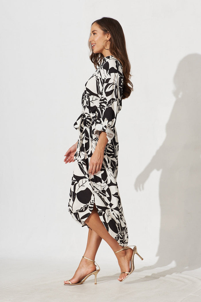 Zenaida Shirt Midi Dress In Black With White Leaf Print Cotton - side