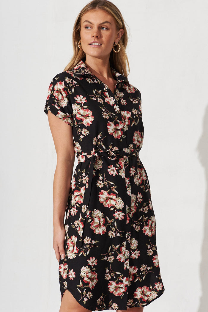 Maddison Shirt Dress In Black With Pink Floral - front
