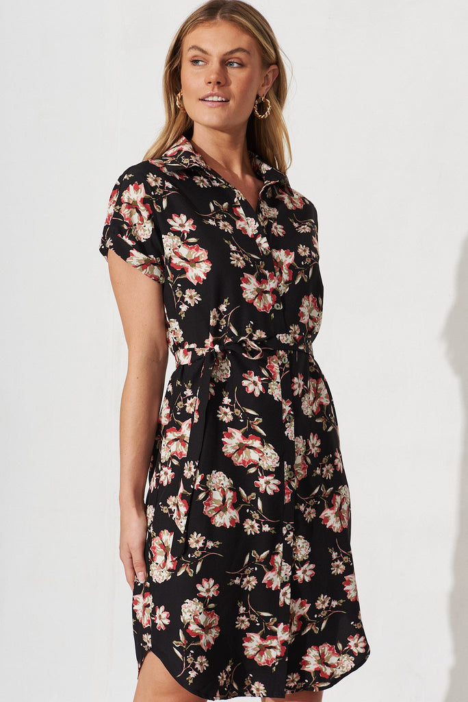Maddison Shirt Dress In Black With Pink Floral - front