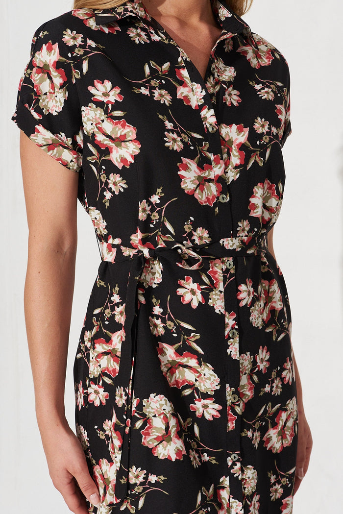 Maddison Shirt Dress In Black With Pink Floral - detail