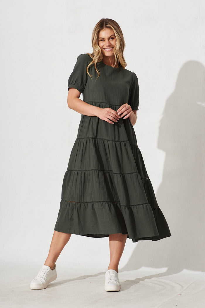 Shonda Midi Dress In Green Linen Blend - full length