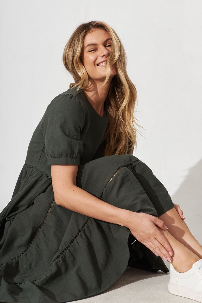 Shonda Midi Dress In Green Linen Blend - full sitting