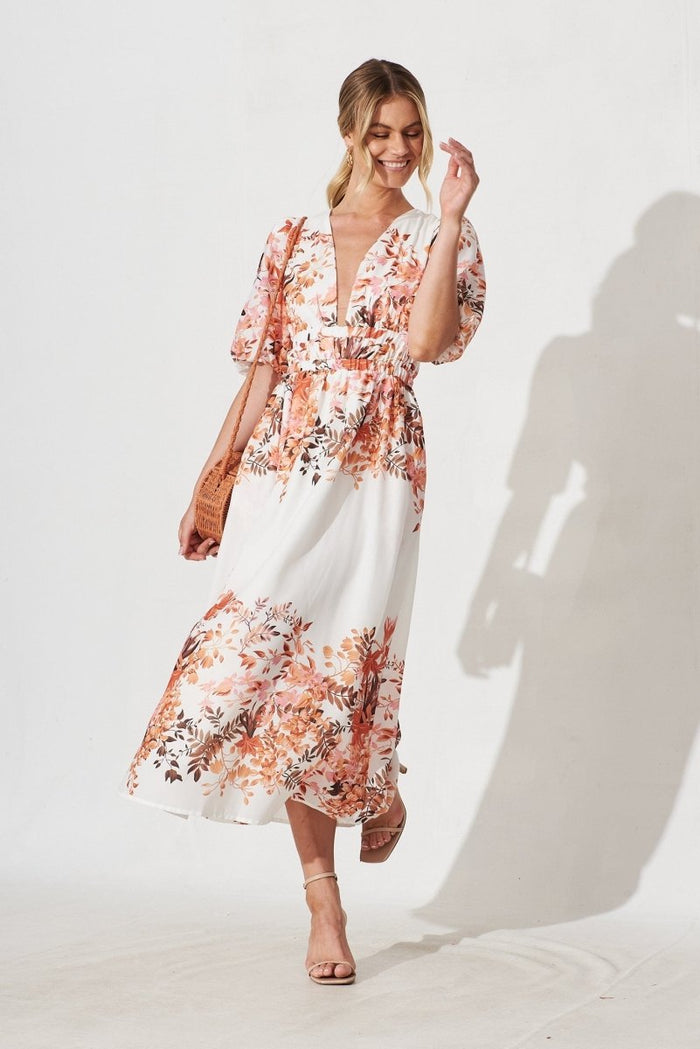 Camilla Maxi Dress In White With Rust And Pink Floral - St Frock (Dev)