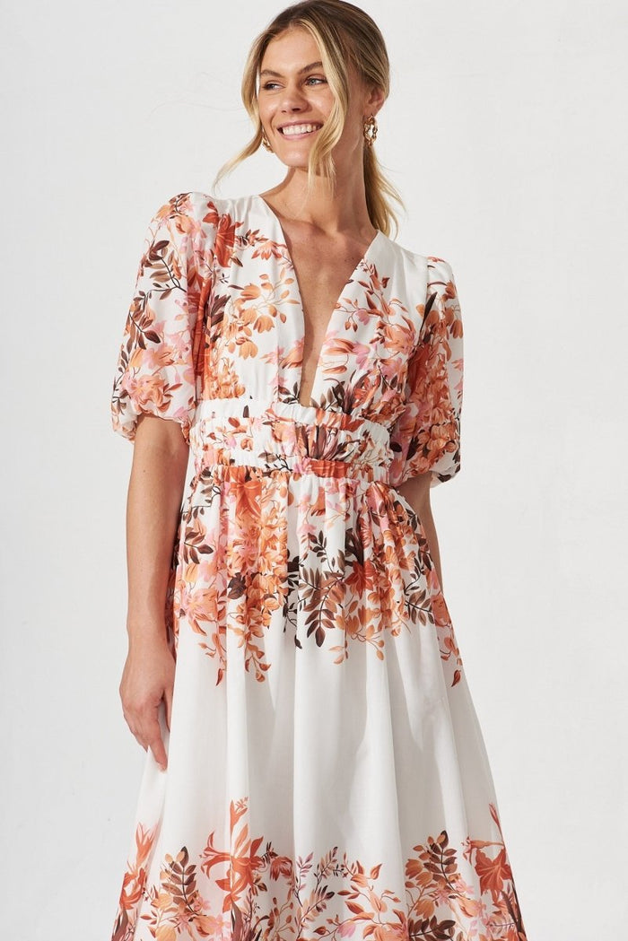 Camilla Maxi Dress In White With Rust And Pink Floral - St Frock (Dev)