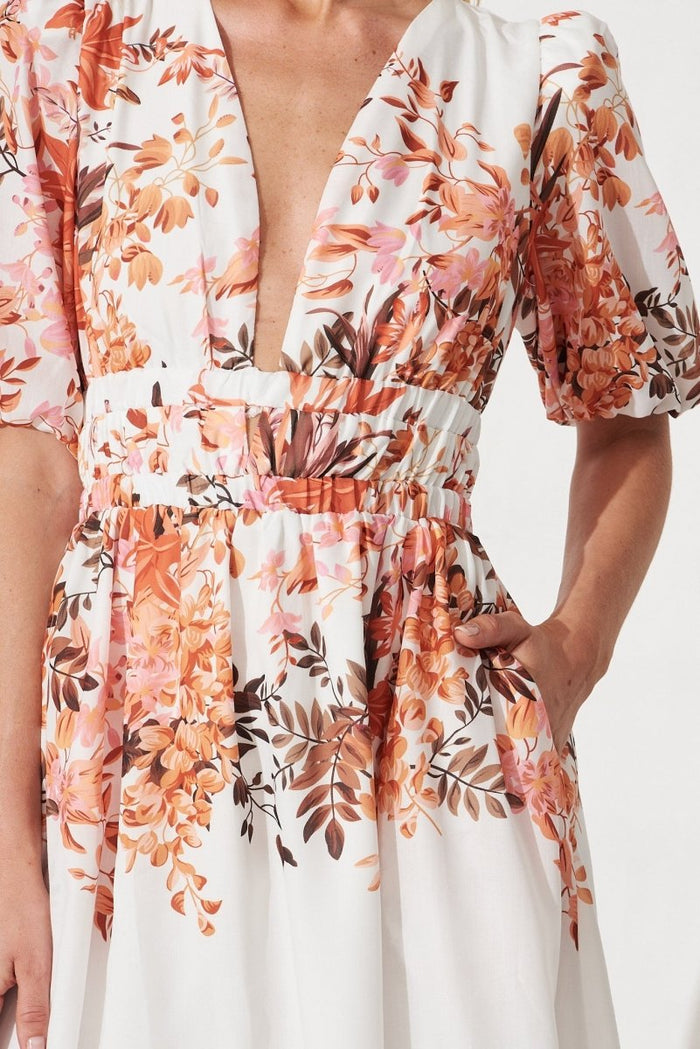Camilla Maxi Dress In White With Rust And Pink Floral - St Frock (Dev)