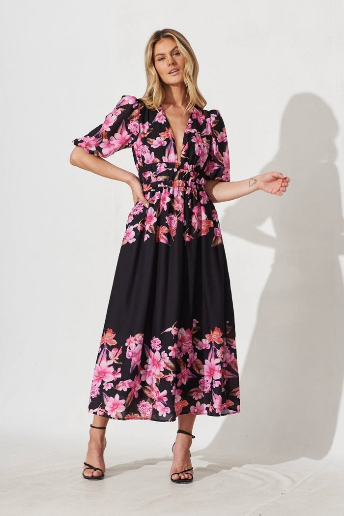 Camilla Maxi Dress In Black With Purple Floral - St Frock (Dev)