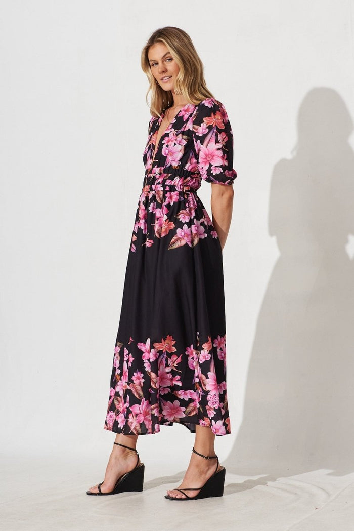 Camilla Maxi Dress In Black With Purple Floral - St Frock (Dev)