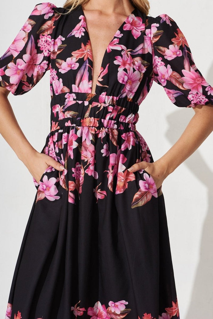 Camilla Maxi Dress In Black With Purple Floral - St Frock (Dev)
