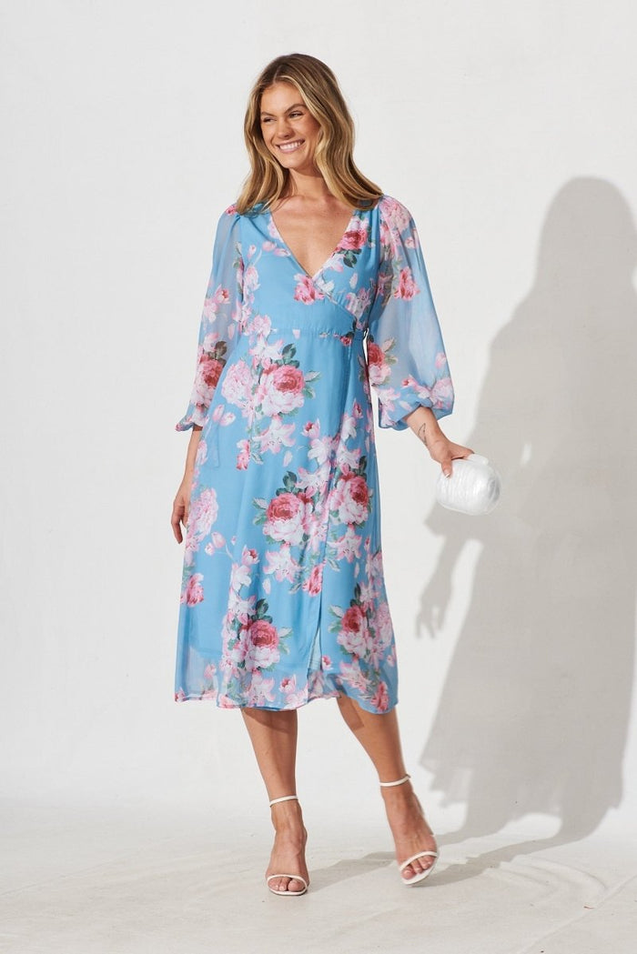 Budapest Wrap Midi Dress In Blue With Pink Floral - St Frock (Dev)