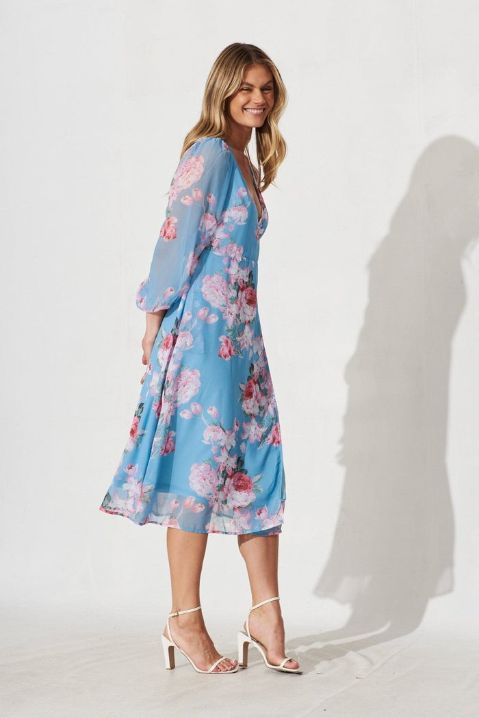 Budapest Wrap Midi Dress In Blue With Pink Floral - St Frock (Dev)