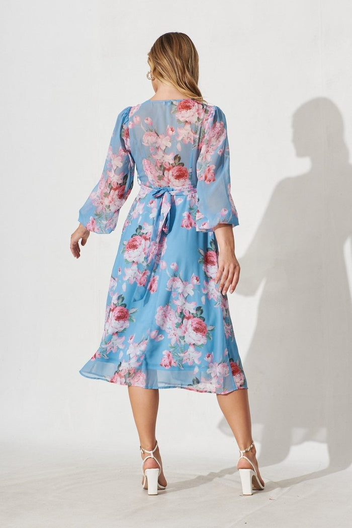 Budapest Wrap Midi Dress In Blue With Pink Floral - St Frock (Dev)