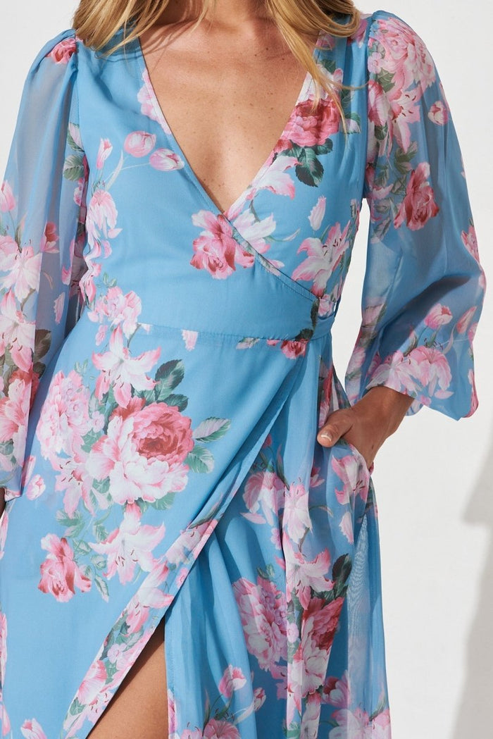 Budapest Wrap Midi Dress In Blue With Pink Floral - St Frock (Dev)