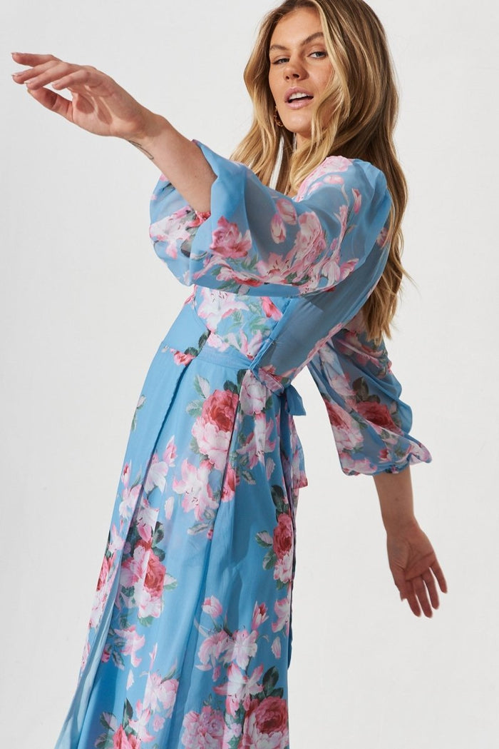 Budapest Wrap Midi Dress In Blue With Pink Floral - St Frock (Dev)