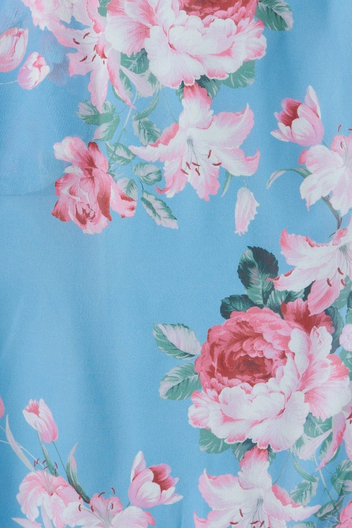 Budapest Wrap Midi Dress In Blue With Pink Floral - St Frock (Dev)