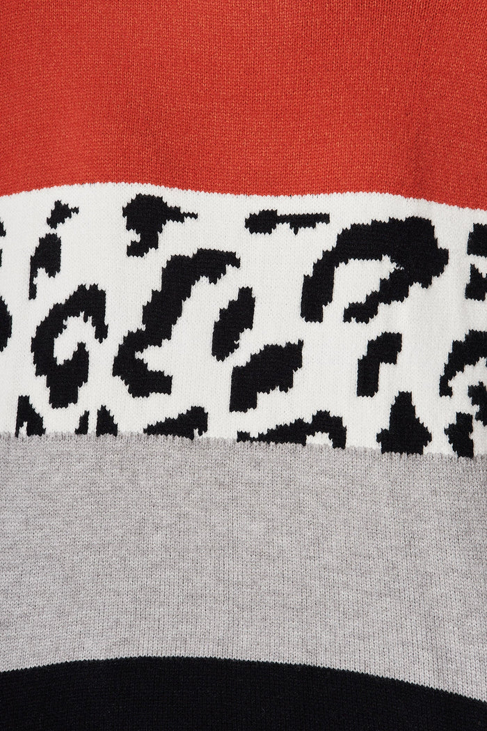 Lotte Colourblock Knit In Red And Grey With Leopard Print Wool Blend - fabric