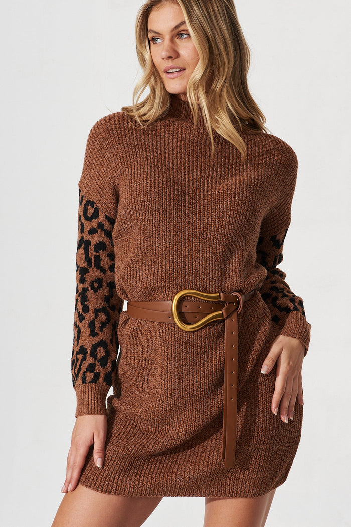 Salvador Knit Dress In Brown With Leopard Print Wool Blend - detail